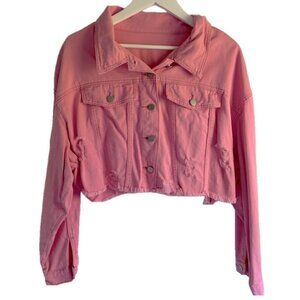 🩷 Pink Cropped Denim Distressed Jacket 🩷